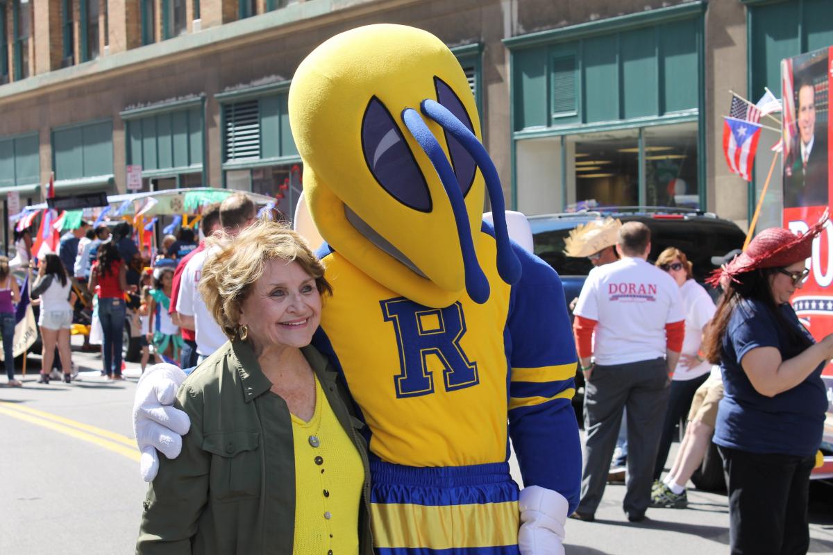 Louise Slaughter with UR Mascot, Rocky