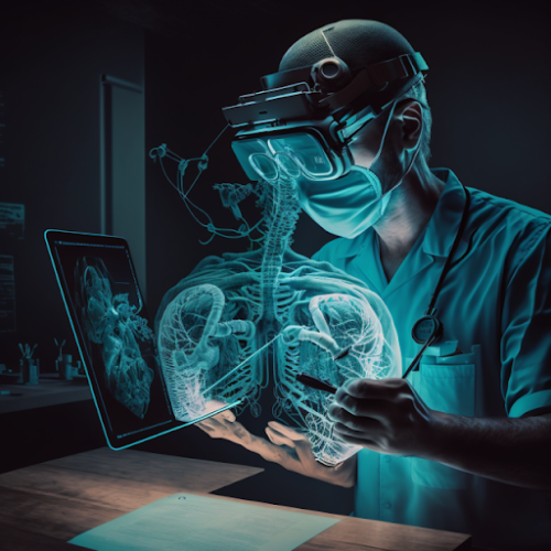 a surgeon using virtual reality to analyze a virtual pair of lungs. 