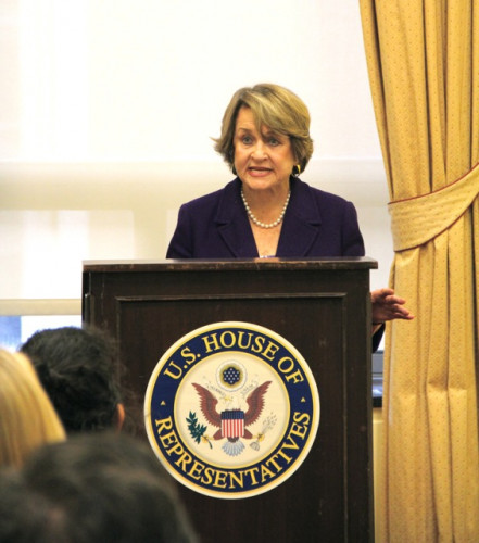 Congresswoman Louise Slaughter standing at a podium