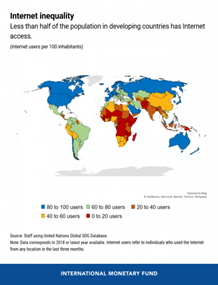 A map showing the number of internet users per 100 inhabitants in different countries, highlighting the significant disparity in internet access between developed and developing nations.