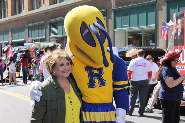 Louise Slaughter with UR Mascot, Rocky