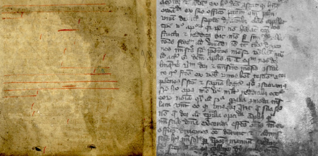 Mostly erased and heavily damaged medieval manuscript on the left, and a black and white image of the same manuscript, with visible text, on the right.