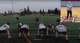 Football linebackers ready for play with a photo overlay of a person using a VR headset in a gym.