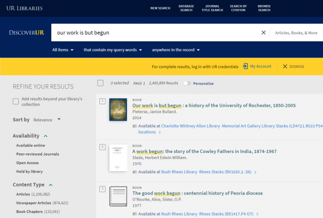 A screenshot of search results for "our work is but begun" using DiscoverUR
