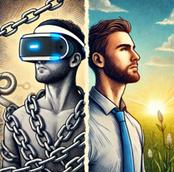 A split image shows a man on the left side wearing VR goggles and chained, symbolizing digital confinement, while on the right side he is free, dressed in a shirt and tie, looking towards a sunny, natural landscape, representing freedom and enlightenment.