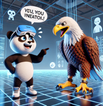 A cartoon panda wearing a VR headset points and shouts at a cartoon eagle in a virtual environment.