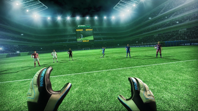 A virtual reality soccer player holds up gloved hands to catch a ball.