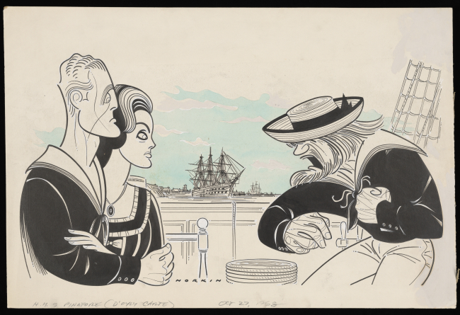 An illustration of two sailors in a dramatic conversation with each other. A ship sits in a harbor in the distance ship is 