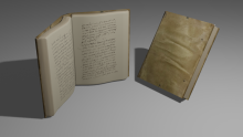 A 3D model of a worn leather-bound book.