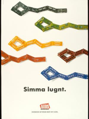 Sperm cells formed by condom packages. Swedish Aids Poster that reads 'Kondom skyddar mot HIV/AIDS'